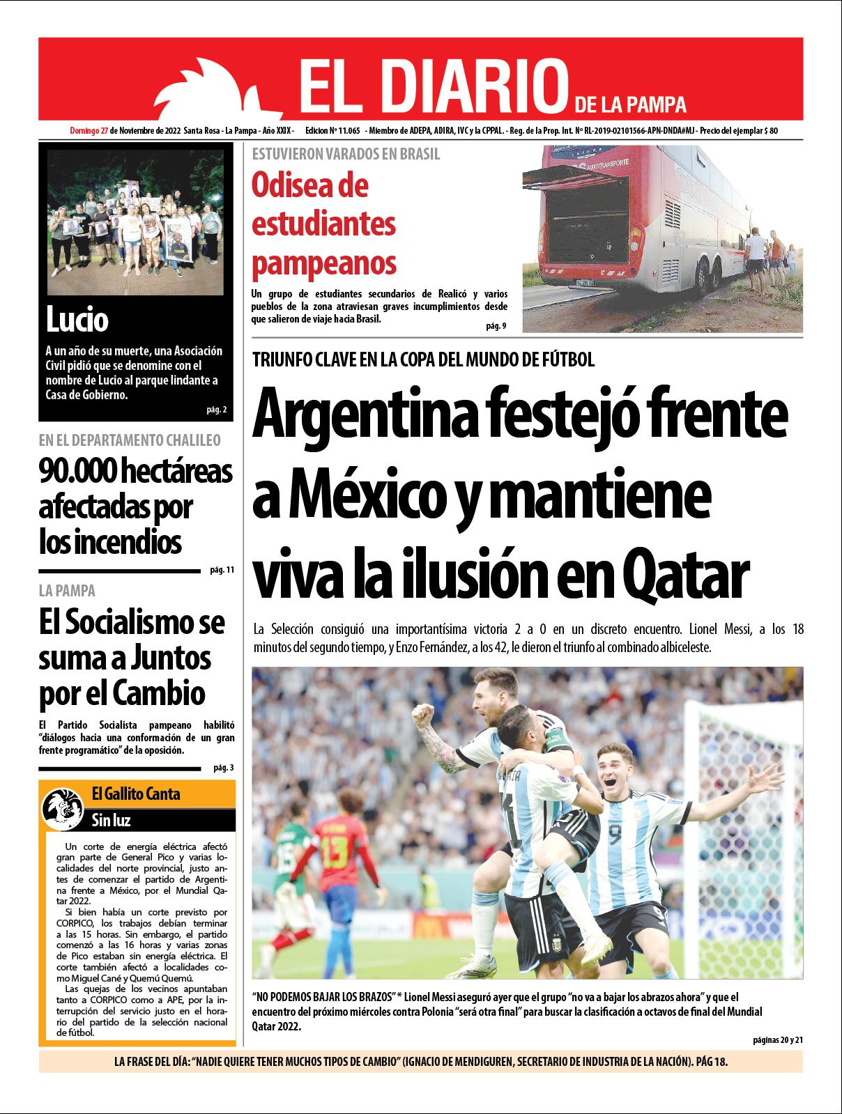 Tapa del diacutea domingo 27 de noviembre de 2022